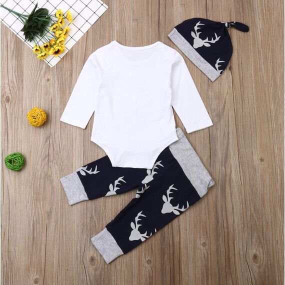 Geagodelia 3tlg Babykleidung Set Baby Jungen Langarm Body + Hose + Mütze Kleinkinder Neugeborene Weiche Warme Baumwolle Babyset Bekleidung (3-6 Monate, Little Man (Weiß + Blau-Elk))