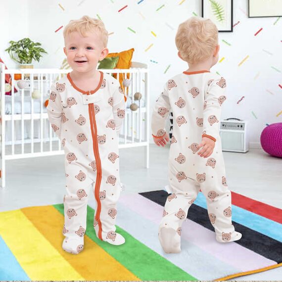 Neugeborenes Baby Jungen Mädchen Strampler mit Fuß Baby Schlafanzug Einteilige Lange Ärmel Overall Säuglings Frühling Herbst Body, 3er-Pack (Orange, 6-9M)