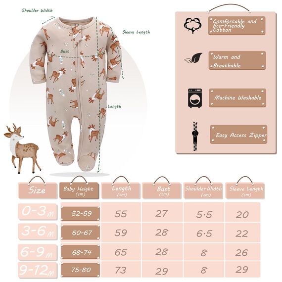 Neugeborenes Baby Jungen Mädchen Strampler mit Fuß Baby Schlafanzug Einteilige Lange Ärmel Overall Säuglings Frühling Herbst Body, 3er-Pack (Aprikose, 3-6M)