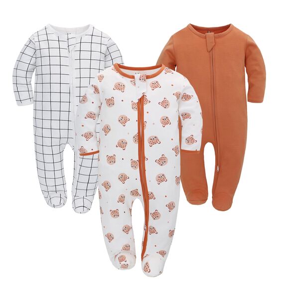 Neugeborenes Baby Jungen Mädchen Strampler mit Fuß Baby Schlafanzug Einteilige Lange Ärmel Overall Säuglings Frühling Herbst Body, 3er-Pack (Orange, 6-9M)