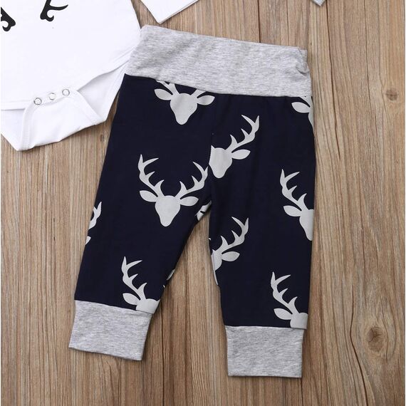 Geagodelia 3tlg Babykleidung Set Baby Jungen Langarm Body + Hose + Mütze Kleinkinder Neugeborene Weiche Warme Baumwolle Babyset Bekleidung (12-18 Monate, Little Man (Weiß + Blau-Elk))