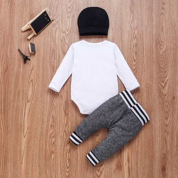 Geagodelia 3tlg Babykleidung Set Baby Jungen Langarm Body + Hose + Mütze Kleinkinder Neugeborene Weiche Warme Baumwolle Babyset Bekleidung (3-6 Monate, Little Brother (Weiß + Grau))