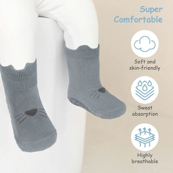 Vicloon Rutschfeste Socken für Baby, 5 Paar Baby Socken Baumwolle,Süße Katze Kleinkind Socken Baby, Kinder Anti Rutsch Socken for Babies Toddlers and Kids(0-12 Monate)
