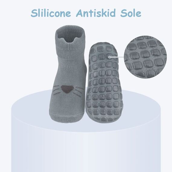 Vicloon Rutschfeste Socken für Baby, 5 Paar Baby Socken Baumwolle,Süße Katze Kleinkind Socken Baby, Kinder Anti Rutsch Socken for Babies Toddlers and Kids(1-3 Jahre alt)