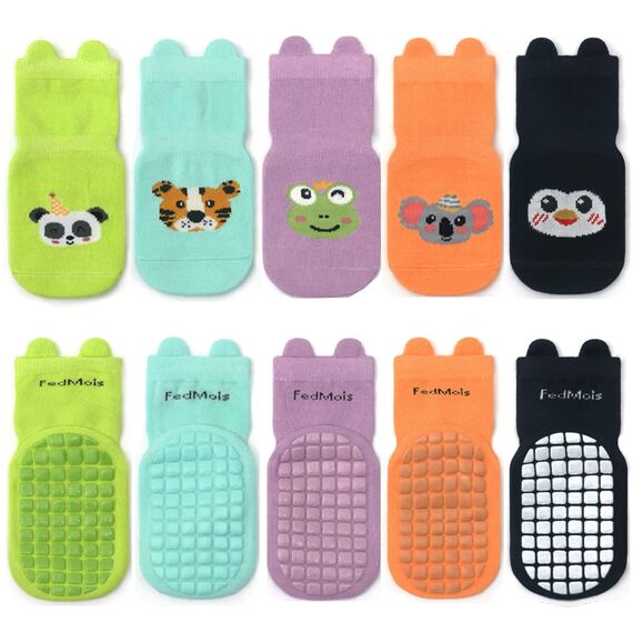 FedMois 5er Pack Baby Kleinkinder ABS rutschfeste Socken Sneaker Socken Tiermotive Baumwolle, Panda, 3-5 Jahre