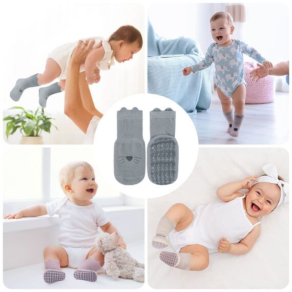 Vicloon Rutschfeste Socken für Baby, 5 Paar Baby Socken Baumwolle,Süße Katze Kleinkind Socken Baby, Kinder Anti Rutsch Socken for Babies Toddlers and Kids(1-3 Jahre alt)
