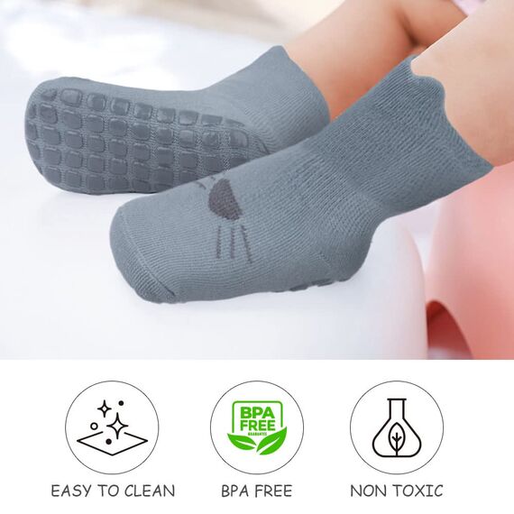 Vicloon Rutschfeste Socken für Baby, 5 Paar Baby Socken Baumwolle,Süße Katze Kleinkind Socken Baby, Kinder Anti Rutsch Socken for Babies Toddlers and Kids(0-12 Monate)