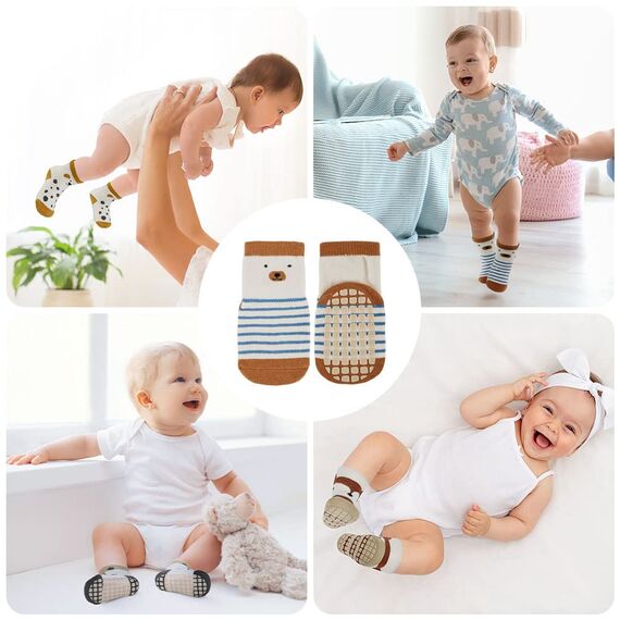 Vicloon Rutschfeste Socken für Baby, 5 Paar Baby Socken Baumwolle, Kleinkind Socken Baby, Kinder Anti Rutsch Socken for Babies Toddlers and Kids