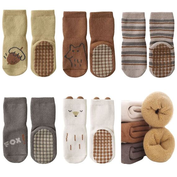 FedMois 5er Pack Baby Kleinkinder ABS rutschfeste Wintersocken dicke Thermosocken Baumwolle, Fuchs, 0-1 Jahr