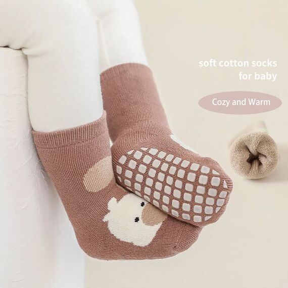 FedMois 5er Pack Baby Kleinkinder ABS rutschfeste Wintersocken dicke Thermosocken Baumwolle, Hähnchen, 1-3 Jahre