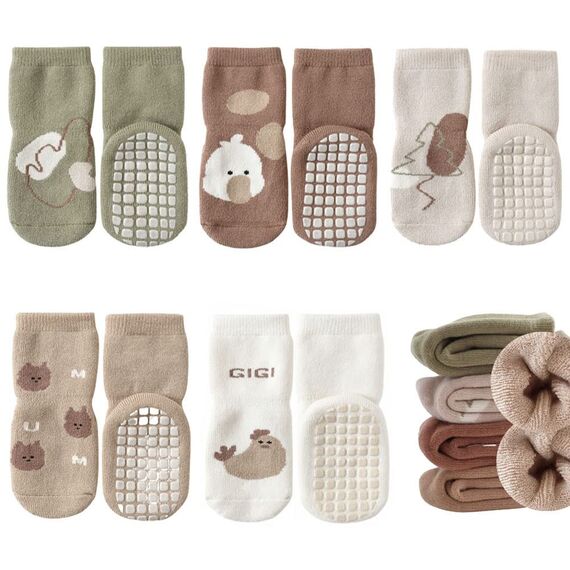 FedMois 5er Pack Baby Kleinkinder ABS rutschfeste Wintersocken dicke Thermosocken Baumwolle, Hähnchen, 1-3 Jahre