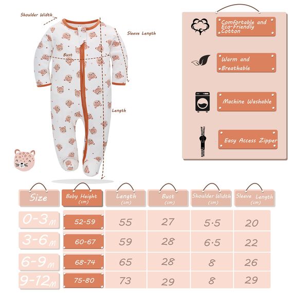 Neugeborenes Baby Jungen Mädchen Strampler mit Fuß Baby Schlafanzug Einteilige Lange Ärmel Overall Säuglings Frühling Herbst Body, 3er-Pack (Orange, 9-12M)