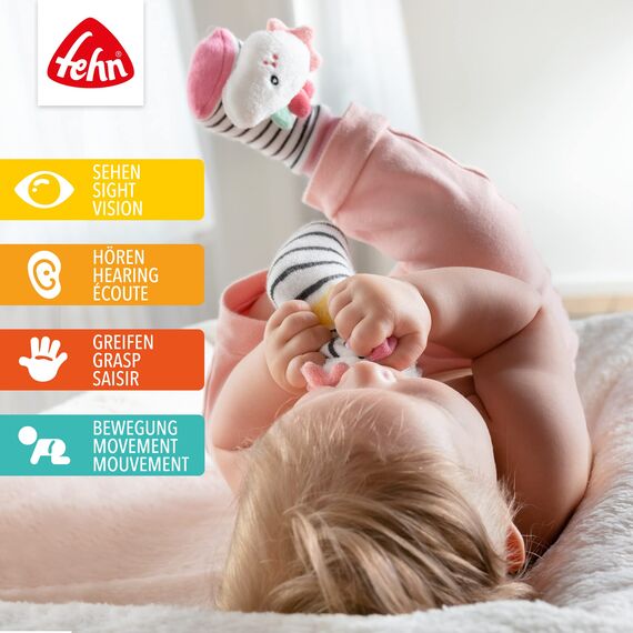 Fehn Rasselsocken Baby Einhorn – Babysocken mit Rassel-Funktion und Einhorn-Köpfchen – Fördern Motorik & Sinne – Babykleidung optimal als Erstlingssöckchen – Für Babys & Kleinkinder ab 0+ Monaten