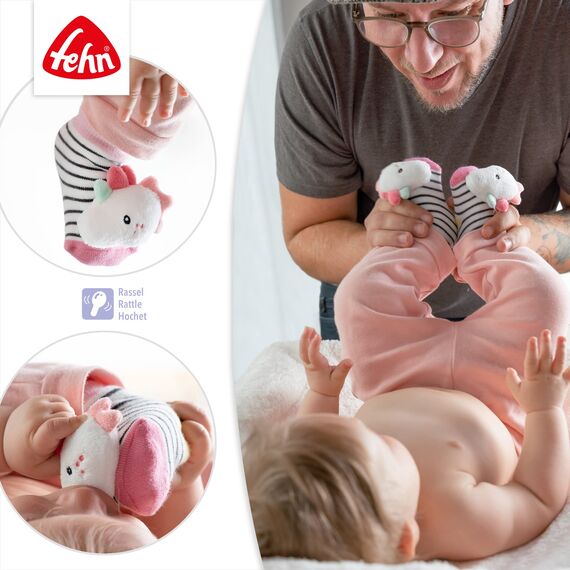 Fehn Rasselsocken Baby Einhorn – Babysocken mit Rassel-Funktion und Einhorn-Köpfchen – Fördern Motorik & Sinne – Babykleidung optimal als Erstlingssöckchen – Für Babys & Kleinkinder ab 0+ Monaten