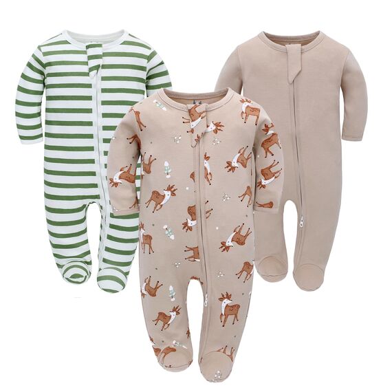 Neugeborenes Baby Jungen Mädchen Strampler mit Fuß Baby Schlafanzug Einteilige Lange Ärmel Overall Säuglings Frühling Herbst Body, 3er-Pack (Aprikose, 0-3M)