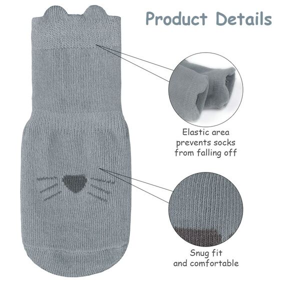 Vicloon Rutschfeste Socken für Baby, 5 Paar Baby Socken Baumwolle,Süße Katze Kleinkind Socken Baby, Kinder Anti Rutsch Socken for Babies Toddlers and Kids(3-5 Jahre alt)