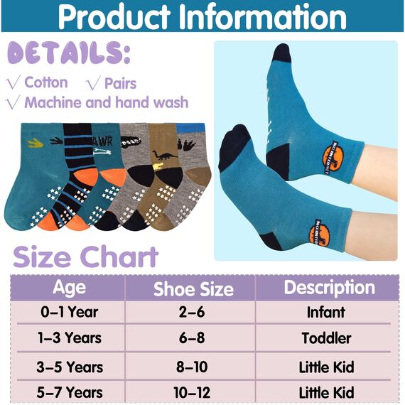 GRPSKCOS Antirutschsocken Kinder Stoppersocken Kinder 12 Paar Rutschfeste Socken ABS Socken für Jungen Mädchen（#1 Jurassisches Jahrhundert 1-3 Jahre）