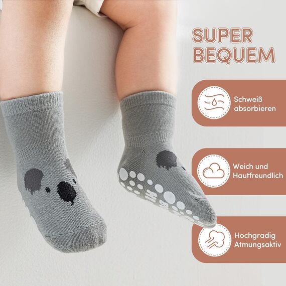 SockWaddles Stoppersocken Kinder Baby, 5 Paar ABS Atmungsaktiv Antirutschsocken Kinder, Krabbelsocken Baby Baumwolle, Jungen und Mädchen Crew Socken mit Tiere