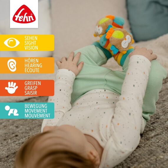 Fehn Rasselsocken Baby Eule – Babysocken mit Rassel Funktion – Socken zur Förderung der Motorik – Babykleidung optimal als Erstlingssöckchen – Lernspielzeug für Babys & Kinder von 0-12 Monaten