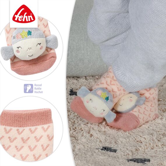 Fehn 054354 Rasselsocken Meerjungfrau – Flauschige Babysocken mit Meerjungfrauen-Köpfchen und Rassel – Fördern Motorik und Sinne – Für Babys zwischen 0 und 12 Monaten – Größe: 12 cm