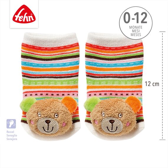 Fehn Rasselsocken Baby Teddy – Babysocken mit Rassel Funktion & Teddy Bär Köpfchen – Socken zur Förderung der Motorik – Babykleidung optimal als Erstlingssöckchen – Für Babys & Kinder von 0-12 Monaten