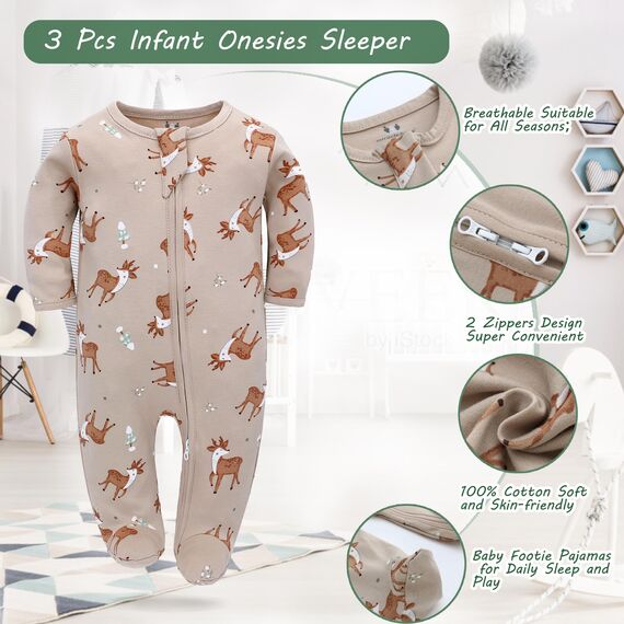 Neugeborenes Baby Jungen Mädchen Strampler mit Fuß Baby Schlafanzug Einteilige Lange Ärmel Overall Säuglings Frühling Herbst Body, 3er-Pack (Aprikose, 0-3M)