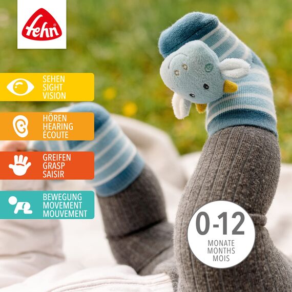 Fehn Rasselsocken Baby Drache – Babysocken mit Rassel Funktion und Drachen-Köpfchen, Socken zur Förderung der Motorik – Babykleidung optimal als Erstlingssöckchen – Für Babys & Kinder von 0-12 Monaten
