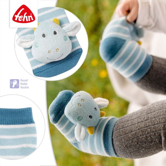 Fehn Rasselsocken Baby Drache – Babysocken mit Rassel Funktion und Drachen-Köpfchen, Socken zur Förderung der Motorik – Babykleidung optimal als Erstlingssöckchen – Für Babys & Kinder von 0-12 Monaten