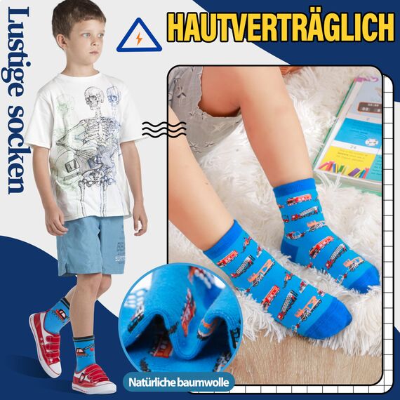Welwoos Stoppersocken Kinder Baby Jungen Antirutschsocken Kinder Anti Rutsch Rutschfeste Lustige Geschenk Baumwolle Socken Kinder Jungen 12 Paare(Autos,26-30)