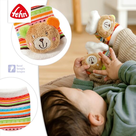 Fehn Rasselsocken Baby Teddy – Babysocken mit Rassel Funktion & Teddy Bär Köpfchen – Socken zur Förderung der Motorik – Babykleidung optimal als Erstlingssöckchen – Für Babys & Kinder von 0-12 Monaten
