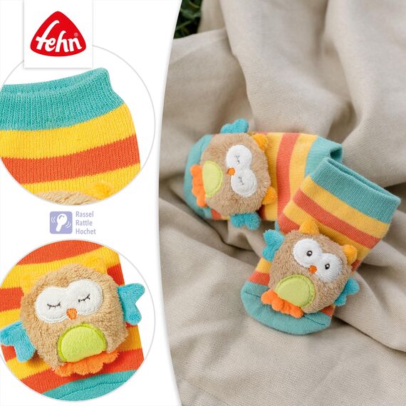 Fehn Rasselsocken Baby Eule – Babysocken mit Rassel Funktion – Socken zur Förderung der Motorik – Babykleidung optimal als Erstlingssöckchen – Lernspielzeug für Babys & Kinder von 0-12 Monaten