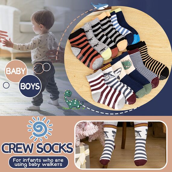ANTSANG Stoppersocken Kinder Baby Jungen Socken Anti Rutsch / Rutschfeste Geschenk Socken Baumwolle Antirutschsocken für Kinder Jungen Kleinkind 12 Paar(Braun gestreift (12 Paar),26-28)
