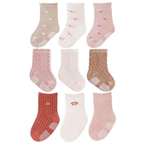 J Poqobog Rutschfeste Socken für Baby Mädchen Jungen 9 Paar Kinder Anti Rutsch abs Socken Sportsocken Stoppersocken (3-12 Monate, Mädchen2-9P)