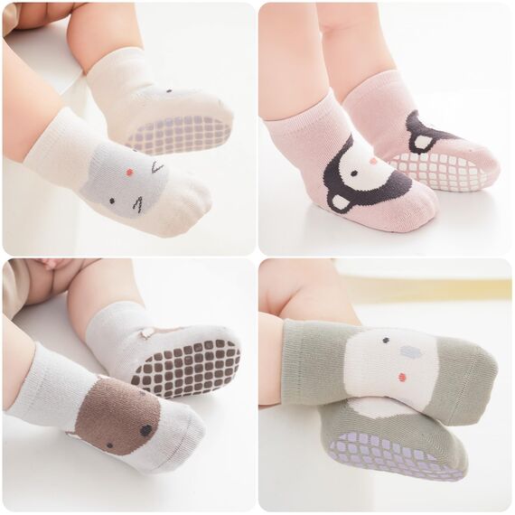 Simpeak 4 Paar Socken Baby, ABS Socken Baby Anti Rutsch, Rutschfeste Babysocken Junge Mädchen, Stoppersocken Baby, Graugrün, Hellgrau, Beige, Weiß, Rosa, 6-12 Monate