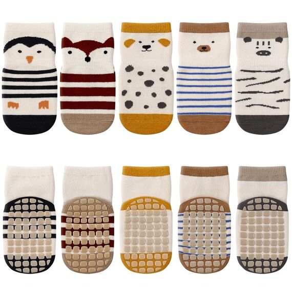 Kyopp 5 Paar Socken Baby Kleinkinder ABS rutschfeste Stoppersocken Kinder Tiermotive Sock Baumwolle Kindersocken Crew Socks