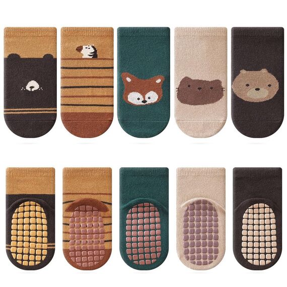 Kyopp 5 Paar Stoppersocken Baby Kleinkinder ABS rutschfeste Socken Tiermotive Kindersocken Animals Baumwolle Crew Socks