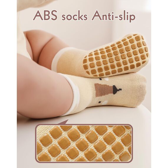 Kyopp 5 Paar Stoppersocken Baby Kleinkinder ABS rutschfeste Socken Tiermotive Kindersocken Animals Baumwolle Crew Socks