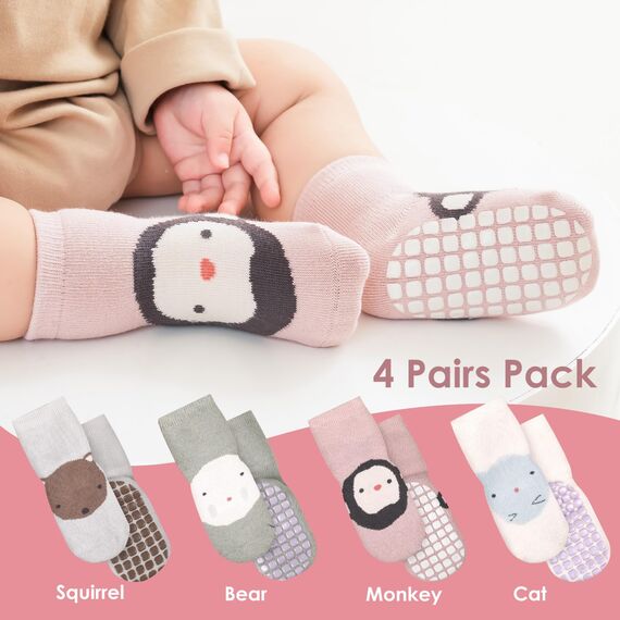 Simpeak 4 Paar Socken Baby, ABS Socken Baby Anti Rutsch, Rutschfeste Babysocken Junge Mädchen, Stoppersocken Baby, Graugrün, Hellgrau, Beige, Weiß, Rosa, 36-60 Monate