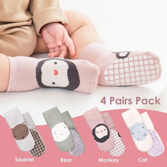 Simpeak 4 Paar Socken Baby, ABS Socken Baby Anti Rutsch, Rutschfeste Babysocken Junge Mädchen, Stoppersocken Baby, Graugrün, Hellgrau, Beige, Weiß, Rosa, 12-36 Monate