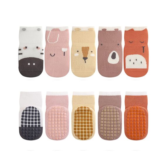 Kyopp 5 Paar Stoppersocken Baby Kleinkinder ABS rutschfeste Socken Tiermotive Kindersocken Animals Baumwolle Crew Socks