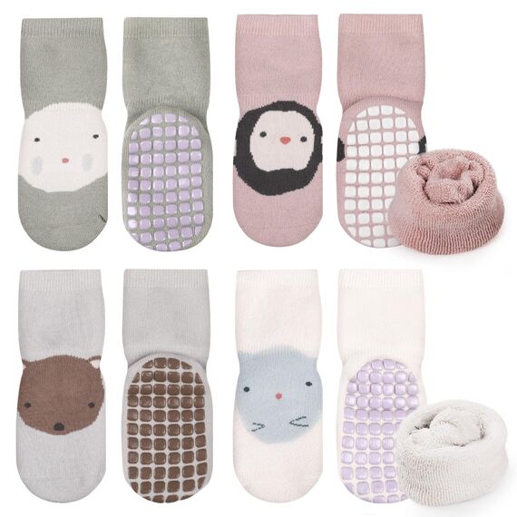 Simpeak 4 Paar Socken Baby, ABS Socken Baby Anti Rutsch, Rutschfeste Babysocken Junge Mädchen, Stoppersocken Baby, Graugrün, Hellgrau, Beige, Weiß, Rosa, 36-60 Monate