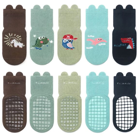 FedMois 5er Pack Baby Kleinkinder ABS rutschfeste Socken Sneaker Socken Tiermotive Baumwolle, Dinosaurier, 0-1 Jahr