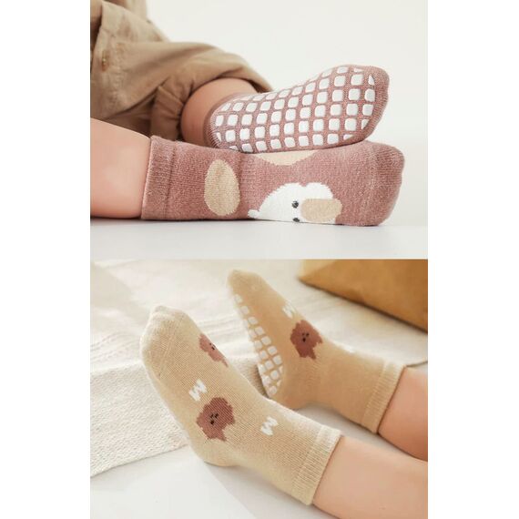 FedMois 5er Pack Baby Kleinkinder ABS rutschfeste Socken Sneaker Socken Tiermotive Baumwolle, Hähnchen, 1-3 Jahre