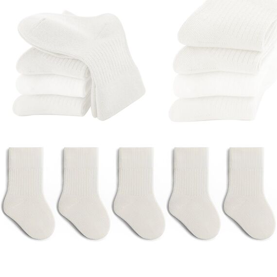 QIYIENDIAN 5 Paare Kleinkind Crew Socken weiche Baumwolle Socken elastische Baby solide Farben für Kinder Jungen Mädchen（White,5-8Y