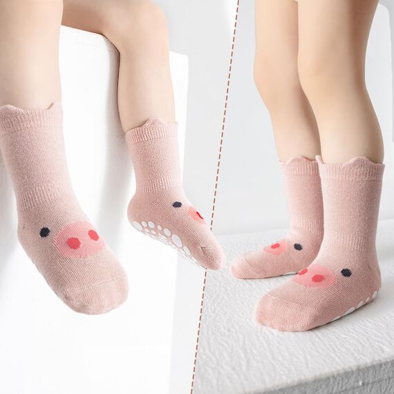 SockWaddles Stoppersocken Kinder Baby, 5 Paar ABS Atmungsaktiv Antirutschsocken Kinder, Krabbelsocken Baby Baumwolle, Jungen und Mädchen Crew Socken mit Rosa Schwein