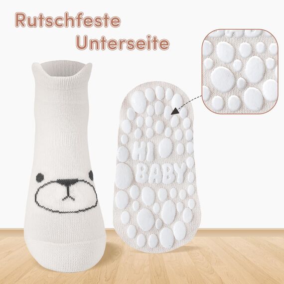 SockWaddles Stoppersocken Kinder Baby, 5 Paar ABS Atmungsaktiv Antirutschsocken Kinder, Krabbelsocken Baby Baumwolle, Jungen und Mädchen Crew Socken mit Weißer Bär