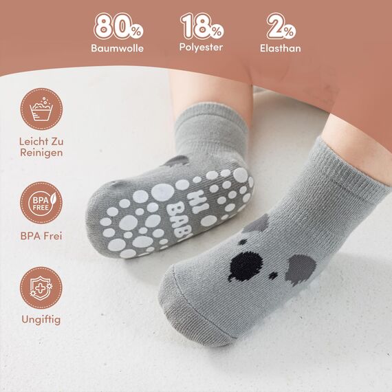 SockWaddles Stoppersocken Kinder Baby, 5 Paar ABS Atmungsaktiv Antirutschsocken Kinder, Krabbelsocken Baby Baumwolle, Jungen und Mädchen Crew Socken mit Tiere
