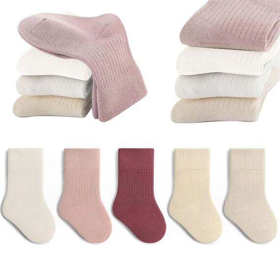 QIYIENDIAN 5 Paare Kleinkind Crew Socken weiche Baumwolle Socken elastische Baby solide Farben für Kinder Jungen Mädchen（Pink,5-8Y