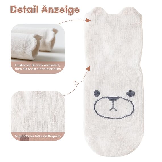 SockWaddles Stoppersocken Kinder Baby, 5 Paar ABS Atmungsaktiv Antirutschsocken Kinder, Krabbelsocken Baby Baumwolle, Jungen und Mädchen Crew Socken mit Weißer Bär