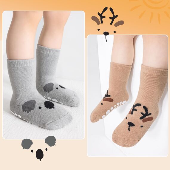 SockWaddles Stoppersocken Kinder Baby Dicke Vollfrottee - 5 Paar Thermosocken Kinde, ABS Krabbelsocken Baby mit Tiermotiven für Jungen und Mädche(3-5Jahre)